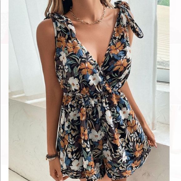 Dresses & Skirts - New Floral Print Tie Shoulder Cami Romper Boho Sleeveless High Waist Multicolor